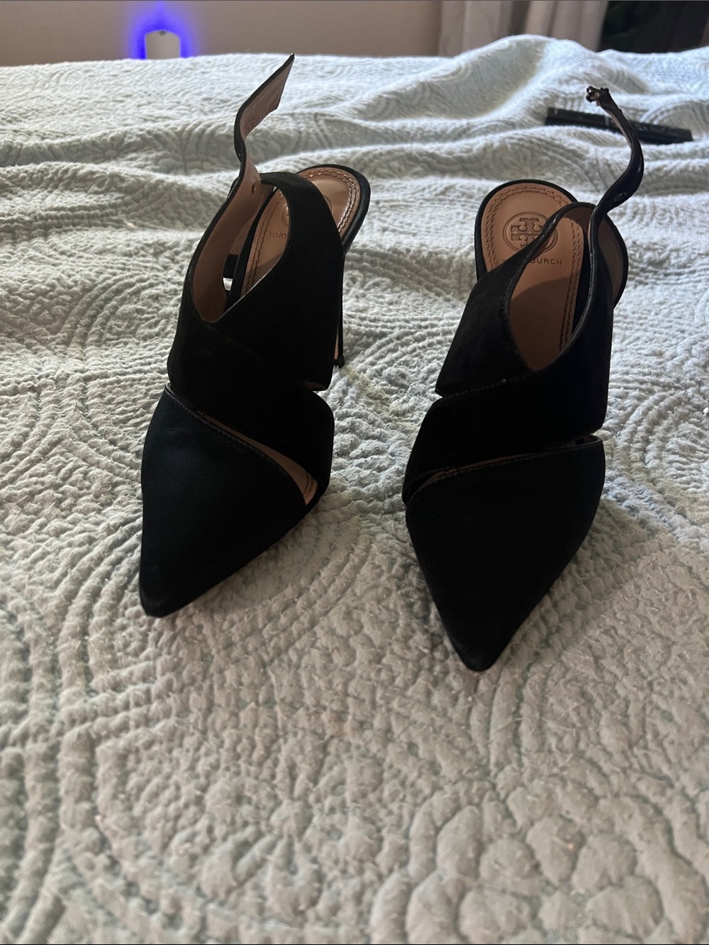 Tory Burch Black Suede Pointed Slingback Heels